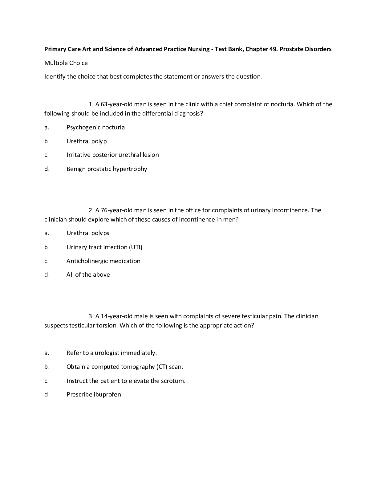 Preview image for Primary Care Art and Science of Advanced Practice Nursing - Test Bank, Chapter 49. Prostate Disorders